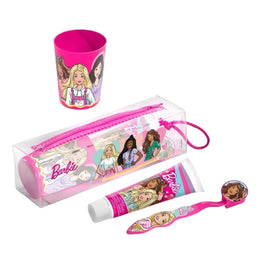Set ingrijire orala pentru calatorie, Barbie, Periuta cu capac, pasta de dinti 75 ml, pahar si borseta, pentru fetite, 2042