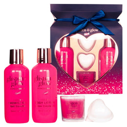 Set cadou pentru femei Glisten & Glow For Love, cu gel de dus, lotiune corp, bombe de baie si lumanare parfumata, 390 ml